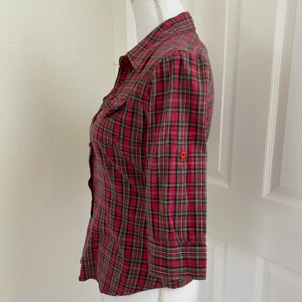 Magazine Red Plaid Button Front Collar Shirt Tab Sleeves Tie Back Sz Small - Picture 6 of 10